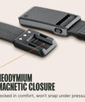 Close-up of neodymium magnetic buckle on Stretch Nylon EDC Belt With Magnetic Buckle For Everyday Carry Golf Tactical Work And Holster Use Ultralight Comfort And Flexible Fit Size Small 28 To 32 Inches