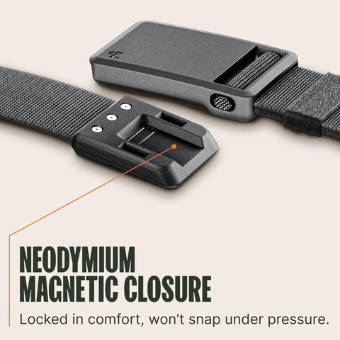 Close-up of neodymium magnetic buckle on Stretch Nylon EDC Belt With Magnetic Buckle For Everyday Carry Golf Tactical Work And Holster Use Ultralight Comfort And Flexible Fit Size Small 28 To 32 Inches