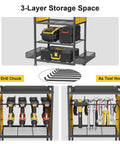 Three-layer tool storage with drill chuck and tool hooks, part of All In One Power Tool Organizer Cart With Charging Station On Wheels.