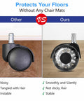 Comparison of dual rubber office chair wheels, heavy duty casters, supporting up to 2200 pounds, on hardwood floors, showing stability.