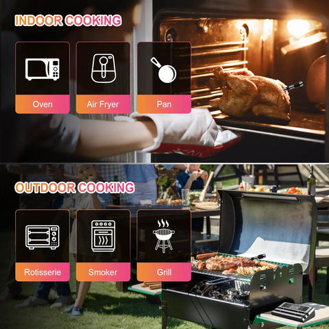 Hands-Free Wireless Meat Thermometer With Dual-Sensor Probes, 500 Ft Range, Smart App Control, Real-Time Temperature For Oven Or Grill showing cooking options indoors and outdoors.