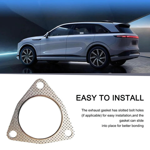 Two-piece triangular exhaust gasket with three bolt holes and 2.48 in ID; graphite high-temp flange, silver