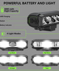 Beefy 1200 Lumen USB C Rechargeable Bike Light For Night Riding With 360 Degree Rotatable Aluminum Headlight 4 Modes IPX4 Waterproof Front Light For Mountain And Road Bikes shown with battery details and light modes.