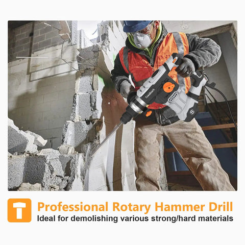 Worker using 12.5 Amp Rotary Hammer Drill with SDS Plus One and a Quarter Inch on concrete wall, professional heavy-duty use