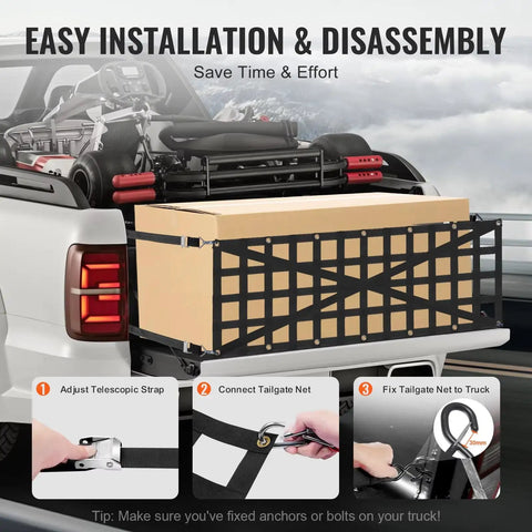 Heavy Duty Truck Tailgate Cargo Net For Tesla Cybertruck securing a box with adjustable straps in a truck bed.