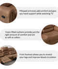 Sectioned image illustrating details of the Manual Recliner Sofa Set With Overstuffed Arms And High Back Faux Leather 3 Piece Couch In Nut Brown Vintage Rivet Trim Ultra Comfy Recliners With Plush Armrests Ideal For Living Room Or Office.