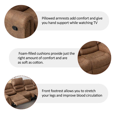 Sectioned image illustrating details of the Manual Recliner Sofa Set With Overstuffed Arms And High Back Faux Leather 3 Piece Couch In Nut Brown Vintage Rivet Trim Ultra Comfy Recliners With Plush Armrests Ideal For Living Room Or Office.