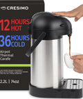 Big Batch Coffee Carafe With Pump And Drip Tray 74oz 2.2L Thermal Airpot dispensing coffee into cup