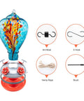 Blown Glass Hummingbird Feeder For Outdoors Hanging 34oz Comet Design with accessories: ant moat, s-hook, rope, and brush, vibrant blue