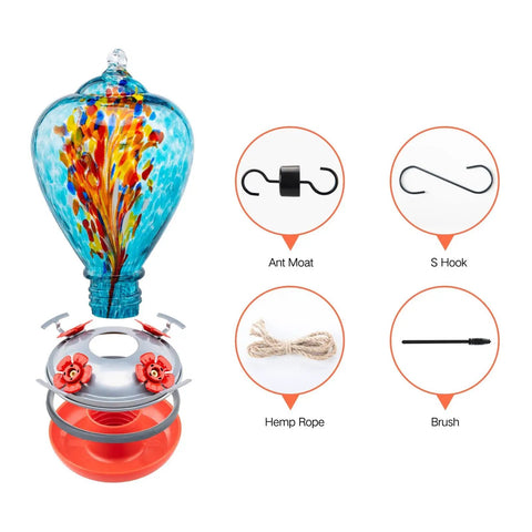 Blown Glass Hummingbird Feeder For Outdoors Hanging 34oz Comet Design with accessories: ant moat, s-hook, rope, and brush, vibrant blue