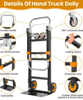 Details on the 3 In 1 Convertible Heavy Duty Folding Hand Truck Dolly With 600 Lb Capacity, featuring rubber wheels and handles.