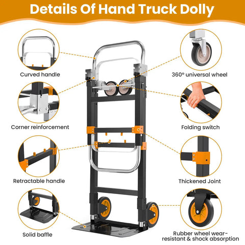 Details on the 3 In 1 Convertible Heavy Duty Folding Hand Truck Dolly With 600 Lb Capacity, featuring rubber wheels and handles.