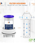 5 Micron Pleated Sediment Filter Cartridge For Whole House Well Water, 10x2.5 Inch Replacement Filter, diagram, and housing