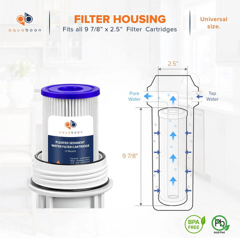 5 Micron Pleated Sediment Filter Cartridge For Whole House Well Water, 10x2.5 Inch Replacement Filter, diagram, and housing
