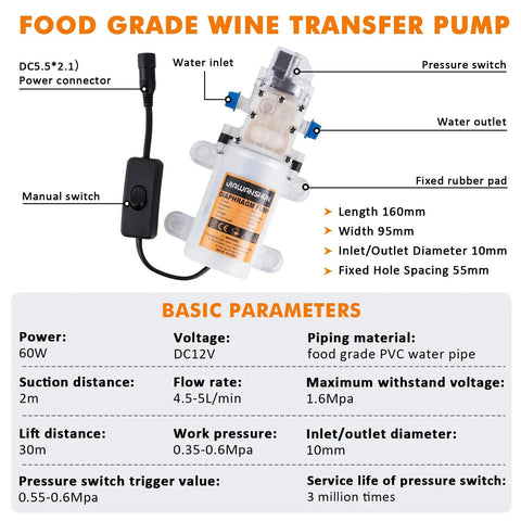 Heavy Duty 110V Electric Wine Transfer Pump With Smart Auto Start Stop Flow Control And Food Grade Filler Gun Plus Rugged PVC Hose, 160mm long, 95mm wide, 60W power.