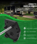 Replacement Gear Box For RV Fifth Wheel Landing Jacks Easy Install And Heavy Duty Build Compatible With Lippert Venture Atwood Pac Rim And Stromberg Carlson Systems LG1 LG2 LG3 LG4 LG183708 LG179015 LC276602 shown installed next to RV.
