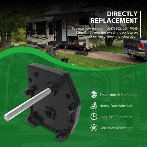 Replacement Gear Box For RV Fifth Wheel Landing Jacks Easy Install And Heavy Duty Build Compatible With Lippert Venture Atwood Pac Rim And Stromberg Carlson Systems LG1 LG2 LG3 LG4 LG183708 LG179015 LC276602 shown installed next to RV.