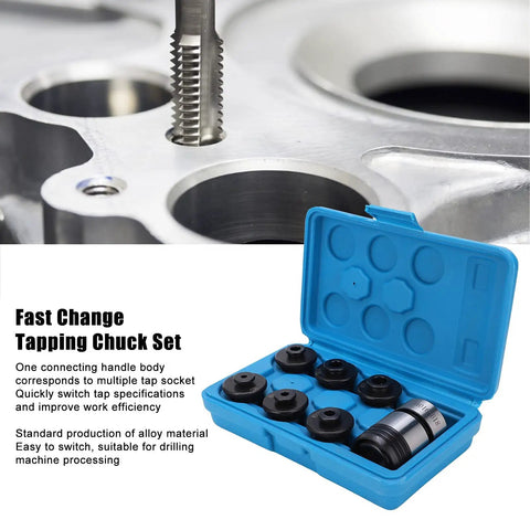 Must Have Fast Change Chuck Set With Multiple Tap Sockets And Quick Switch Handle For Drilling Machines Boost Workflow Efficiency On Any Hardware Job Site Today, featuring alloy tap sockets in blue case.