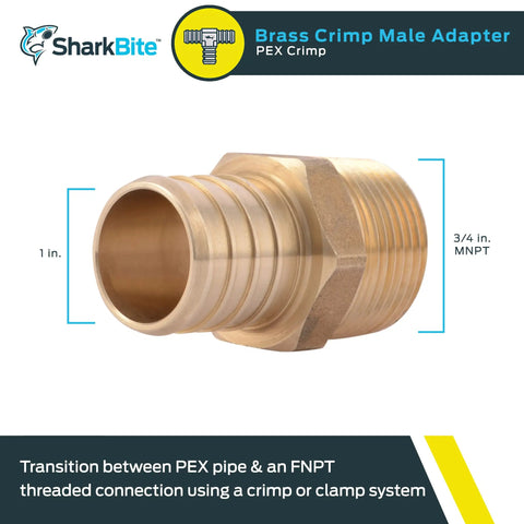 Brass Crimp Male Reducing Adapter 1 Inch To Three Quarters Inch MNPT For Pex Pipe To Copper FNPT Connections Plumbing Fitting