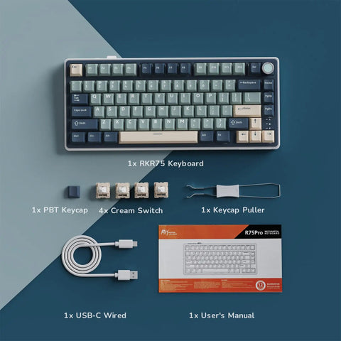 Dope 75 Percent Wireless Mechanical Gaming Keyboard Featuring Tight Gasket Mount And Smooth Triple Mode Bluetooth 2.4Ghz Connectivity Hot Swappable Cream Switches With Durable Pbt Keycaps And Epic Rgb Backlighting, showing RKR75 keyboard, accessories.