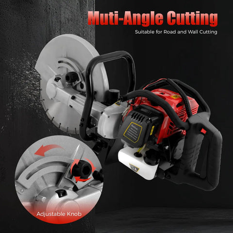 Badass Heavy Duty Concrete Cut Off Saw With Razor Blade And Rock Solid Steering Wheel Pro Masonry Workhorse For Wet Dry Brick Stone And Mortar Rough Jobs Around Town with adjustable knob and metal blade.