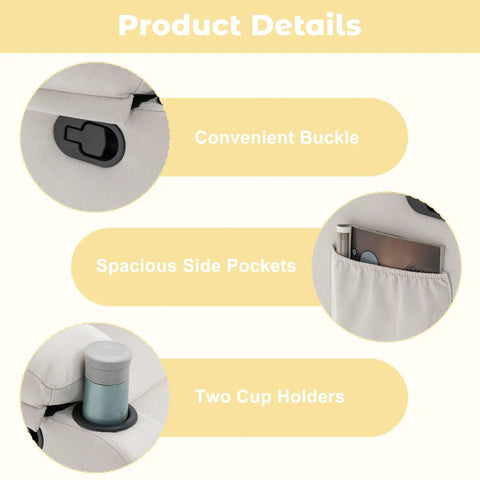 Compact Manual Recliner For Small Spaces With Adjustable Backrest, beige side pockets, cup holders, buckle feature close-ups