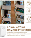 Solid As A Rock Nylon Drawer Bumper Pads With Slick Glide Slide Spacers For Roll Out Shelves Zero Dings On Cabinet Doors Easy Install Includes Mounting Screws displayed on a cabinet with drawers.