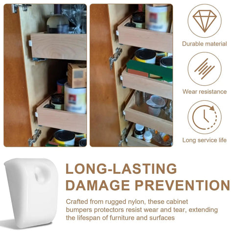 Solid As A Rock Nylon Drawer Bumper Pads With Slick Glide Slide Spacers For Roll Out Shelves Zero Dings On Cabinet Doors Easy Install Includes Mounting Screws displayed on a cabinet with drawers.