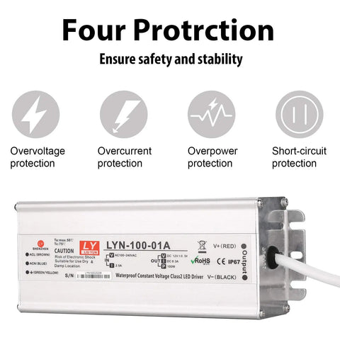 Packaging of Heavy Duty 100W 12V DC LED Driver Power Supply For Indoor And Outdoor LED Light Bars And String Lights IP67 Waterproof Transformer 110V AC To 12V DC 3 Pin Plug Cable Auto Short Circuit Overload And Overheat Protection showing safety features