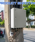 12x12x6 Inch Beefy Steel Electrical Enclosure Pull Box With Screw Cover installed on a utility pole in an outdoor setting