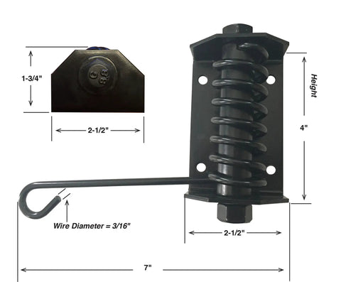 Flat Gate Closer Self Closing Adjustable Gate Spring For Wood And Vinyl Gates Ideal For Yard Pool And Dog Gates Powder Coated Outdoor Hardware Made In USA, shown with measurements and details.