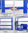 Hella Sturdy 4 Tier Metal Shelving Unit Boltless Heavy Duty Storage Rack Built For Garage Workshop Setup installation steps with blue metal structure.