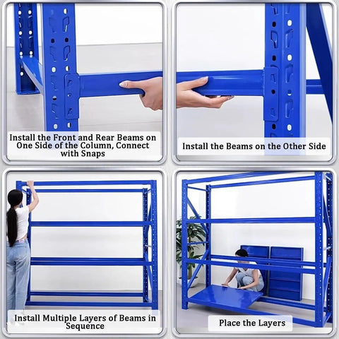 Hella Sturdy 4 Tier Metal Shelving Unit Boltless Heavy Duty Storage Rack Built For Garage Workshop Setup installation steps with blue metal structure.