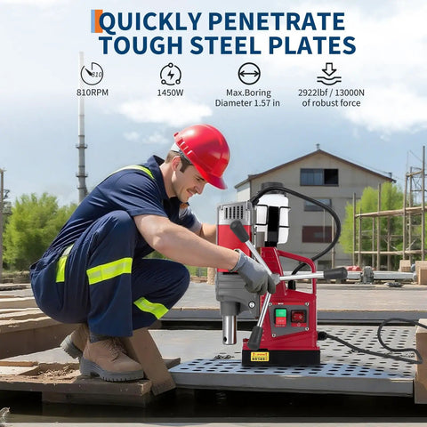Heavy Duty Magnetic Drill Press With 1450W Motor And Strong 13000N Base, operator drilling tough steel plates at 810 RPM.