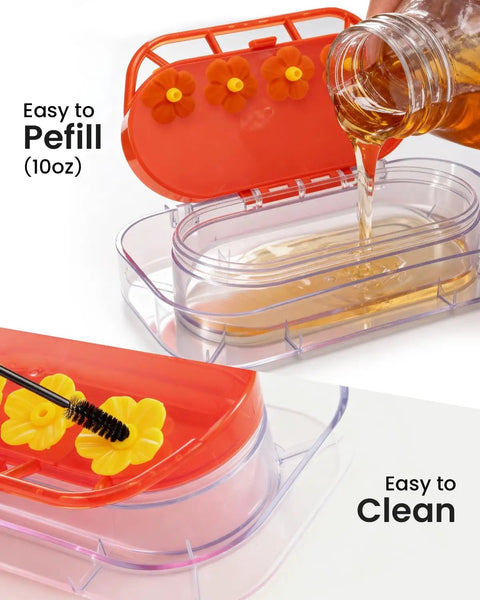 Window Hummingbird Feeder With Dual Suction Cups 4 Feeding Ports Easy To Clean And Refill Clear Plastic Hummingbird Feeder For Garden Ideal Gift 10Oz showing easy to refill reservoir being filled and yellow feeding ports, easy to clean.
