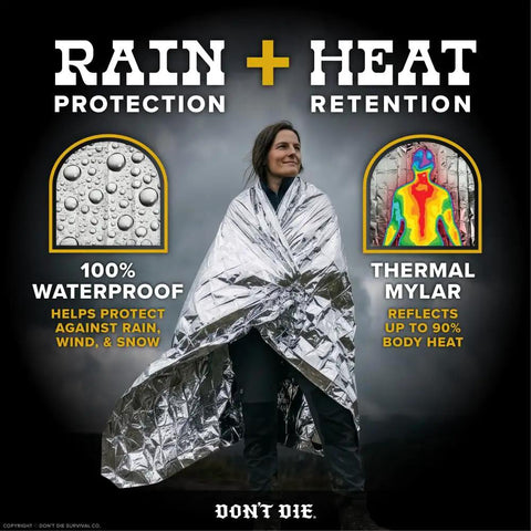 Person wrapped in Emergency Mylar Foil Space Blankets 5 Pack Thermal Reflective Survival Blankets For Hiking Camping Go Bags First Aid Kits Car Disaster Prep For Emergency Preparedness And Everyday Readiness In Any Situation under cloudy sky with rain protection and heat retention benefits labeled.