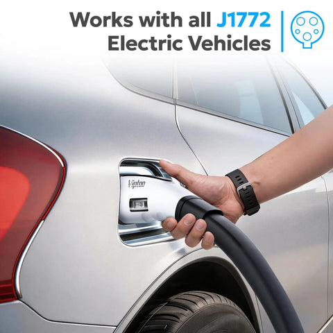 Tesla to J1772 EV Charging Adapter, 60A 250V AC With Digital Display plugged into a car by a person's hand