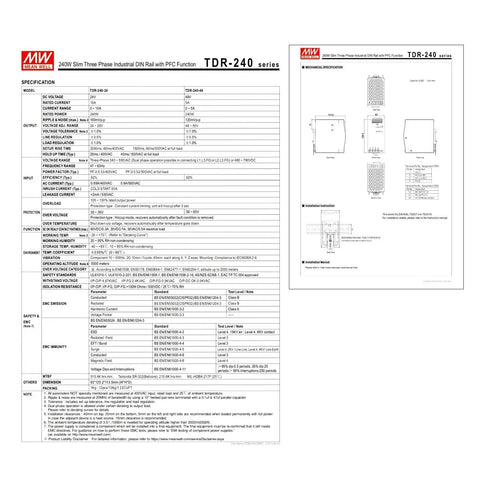 Specification sheet for Three Phase DIN Rail Power Supply 240W 24V 10A Built For Tough Industrial Control Systems With Low Harmonic
