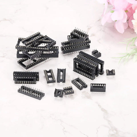 Flat Pin DIP IC Socket Adapter 32-Pin, 2.54mm Pitch, 30 Pack, dual-row, durable plastic metal construction on marble background.
