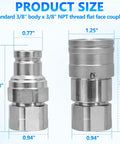 Two 3/8 in NPT flat-face hydraulic quick-connect couplers with dust caps, metal finish; front and side views