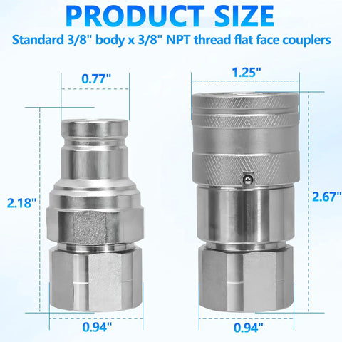 Flat Face Hydraulic Quick Connect Couplers Three Eighths Inch NPT ISO 16028 With Dust Caps Male And Female Set 5076 PSI