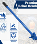 Heavy Duty Manual Rebar Bender Tool For Steel Rods Portable Hand Cranked Bending Machine Carbon Steel Construction Compact Design Up To 5/8 Inch Diameter Easy Grip Handles, shown with a smooth blue handle and bending attachment.