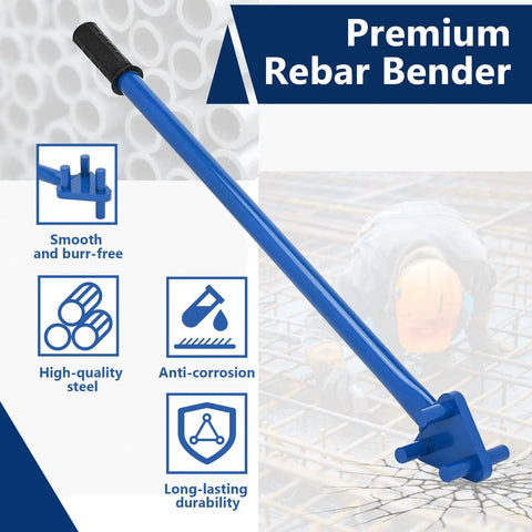 Heavy Duty Manual Rebar Bender Tool For Steel Rods Portable Hand Cranked Bending Machine Carbon Steel Construction Compact Design Up To 5/8 Inch Diameter Easy Grip Handles, shown with a smooth blue handle and bending attachment.
