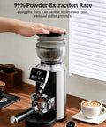 Premium Rock Solid Professional Conical Burr Coffee Grinder With Rust Proof Stainless Steel Body and Built In Portafilter Holder for precise dosing.