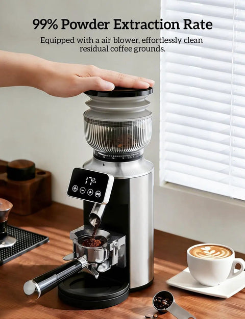Premium Rock Solid Professional Conical Burr Coffee Grinder With Rust Proof Stainless Steel Body and Built In Portafilter Holder for precise dosing.