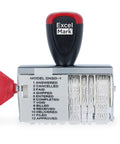 No Sweat 12 Phrase Date Roller Stamp With Rapid Swap Bands For Pulling Updates Across Six Calendar Years Solid For Crushing Office Backlogs And Keeping Your Paperwork Moving Smooth with red and black handle.
