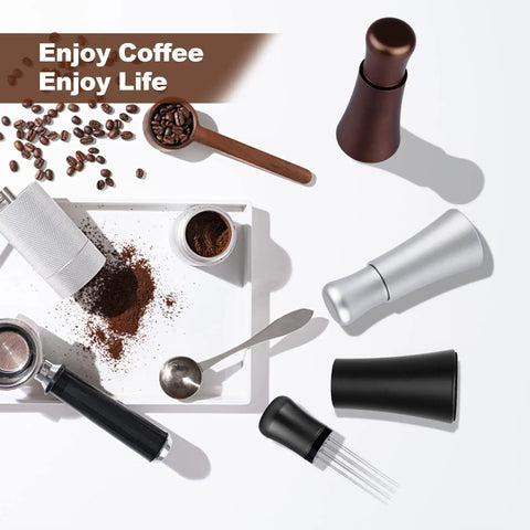 Espresso Distribution Tool With 0.35mm 304 Stainless Steel Needles Installed Plus 10 Extra shown with coffee beans and spoon