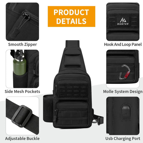 Black Tactical Sling Bag Crossbody For Men And Women EDC Shoulder Pack With MOLLE, Lightweight 600D Nylon Chest Bag, product details