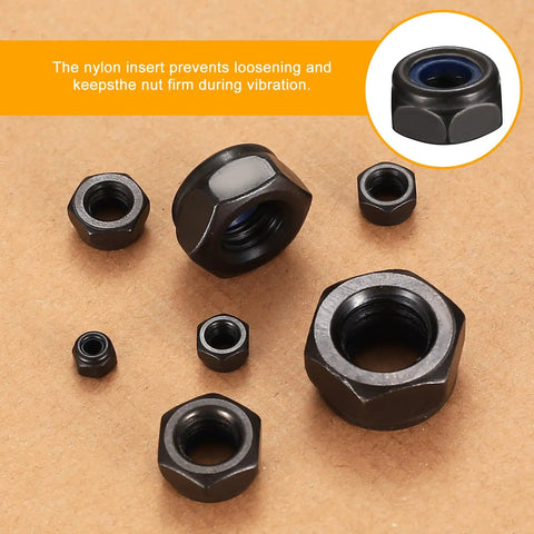 Nylon Insert Hex Lock Nuts Set Of 220 Pieces Carbon Steel Black Lock Nuts With Hex Drive For M3 M4 M5 M6 M8 M10 M12