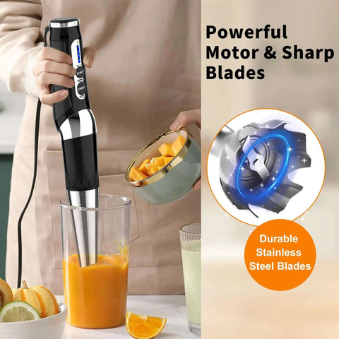 The Badass 21-Speed Handheld Immersion Blender With 3-Angle Adjustable Shaft And Comfortable Grip blending mango in a cup.